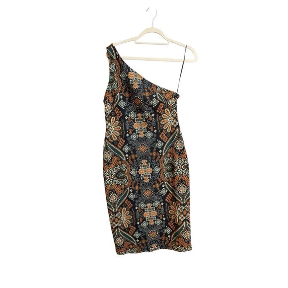 Anthropologie One Shoulder Jacquard Midi Dress Sz MP NEW Black Golden Yellow - Picture 4 of 11